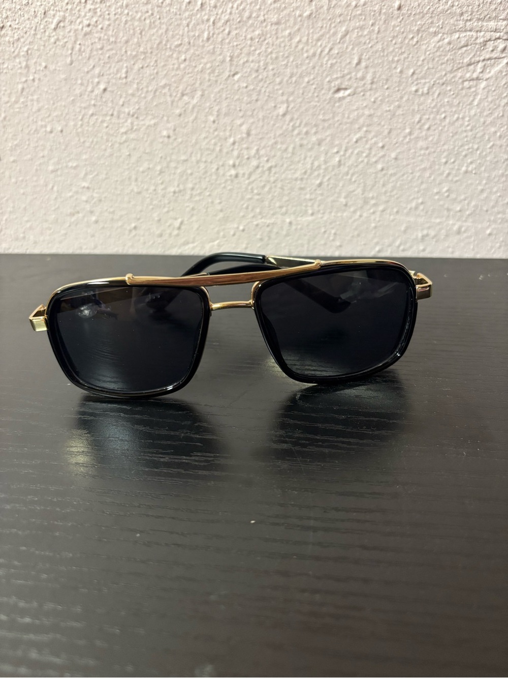 Black Gold Square Aviator Sunglasses Double Bridge Dark Lens Retro Style
